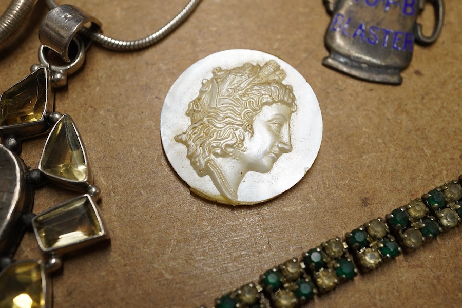 A group of mixed jewellery and objects of vertu, including a 925 and rutilated quartz set pendant, cufflinks, mother of pearl mounted eye glass, a gilt metal and agate pill box a 925 and enamel dragonfly brooch, a silver
